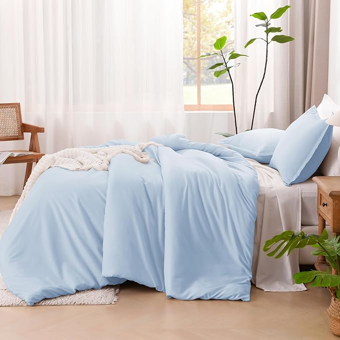 Litanika Comforters Light Blue King Size, 3 Pieces Lightweight Solid Bedding Comforter Set, All Season Fluffy Bed Set (104x90In Comforter & 2 Pillowcases)