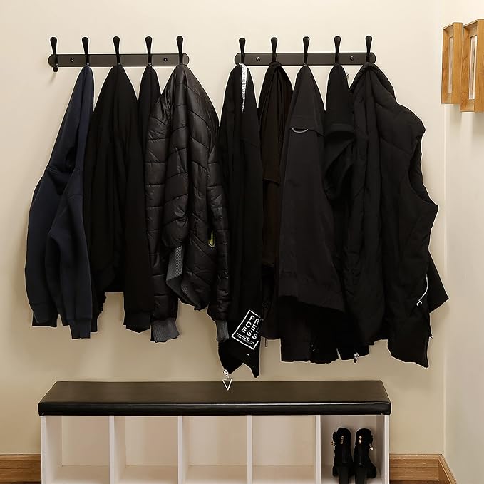 SKOLOO Modern Metal Wall Coat Rack with 5 Hooks, Pack of 2, Sturdy Wall Hook Rack for Hanging Coat, Jacket, Clothes, Hat, Matte Black