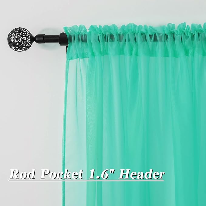 HUTO Window Sheer Turquoise Curtains for Bedroom Rod Pocket Voile Sheer Drapes for Living Room 2 Panels Curtains Each is 52 inches Wide by 63 inches Long