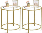 VASAGLE Round Side Tables, Set of 2, Glass End Tables with Metal Frame, Gold Coffee Tables with Modern Style, for Living Room, Balcony, Bedroom, Gold Color
