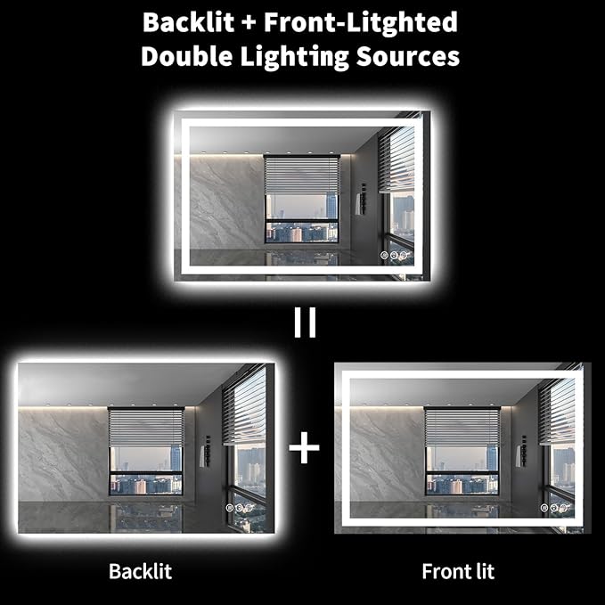 LOAAO 48X32 LED Bathroom Mirror with Lights, Anti-Fog, Dimmable, Backlit + Front Lit, Lighted Bathroom Vanity Mirror for Wall, Memory Function, Tempered Glass (Safe to Use)
