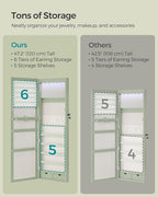 SONGMICS 6 LEDs Mirror Jewelry Cabinet, 47.2-Inch Tall Lockable Wall or Door Mounted Jewelry Armoire Organizer with Mirror, 2 Drawers, Christmas Gift, 3.9 x 14.6 x 47.2 Inches, Laurel Green