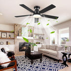 Ceiling Fans with Lights- 52" Low Profile Indoor Ceiling Fan with Light and Remote/APP Control, Flush Mount, LED Dimmable DC Reversible Modern Ceiling Fan for Bedroom（Black）