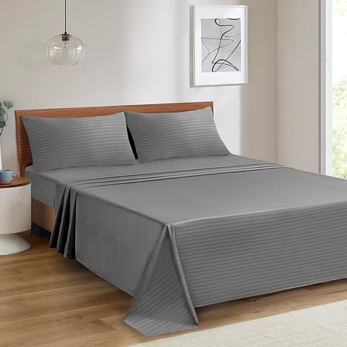 Mejoroom Striped Full Size Sheets – Extra Soft Full Size Bed Sheets - 16inches deep Pocket Full Sheet Set, Breathable, Wrinkle, Fade and Stain Resistant – 4 Piece(02-Gray)