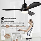 BOJUE 42 Inch Black Ceiling Fans with Lights and Remote,Dimmable LED Light,Quite Reversible DC Motor,Memory Function,Modern Solid Wood Indoor Outdoor Ceiling Fan with Light for Farmhouse Bedroom Patio