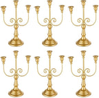 Romadedi Candelabra Gold Candle Holders - 3 Arm 11.8" Wedding Candlestick Holder for Theme Party Table Centerpiece Decor Dining Room Birthday Holiday Christmas, Set of 6