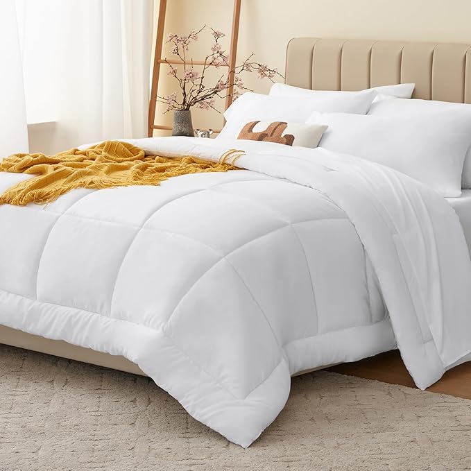 CozyLux Twin Comforter Set with Sheets White, 5 Pieces Bed in a Bag, White Comforter Twin Size, All Season Bedding Set with Stitch Quilted Comforter, Flat Sheet, Fitted Sheet, Pillowcases