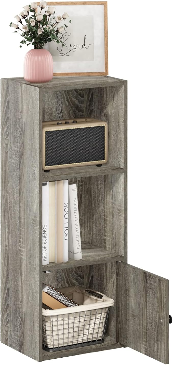 Furinno LUDER Book Shelf, 3-Tier Modern Bookshelf, Bookcase with 1 Door Storage Cabinet, 9.3" x 12" x 31.5", for Living Room, Bedroom, Home Office, French Oak