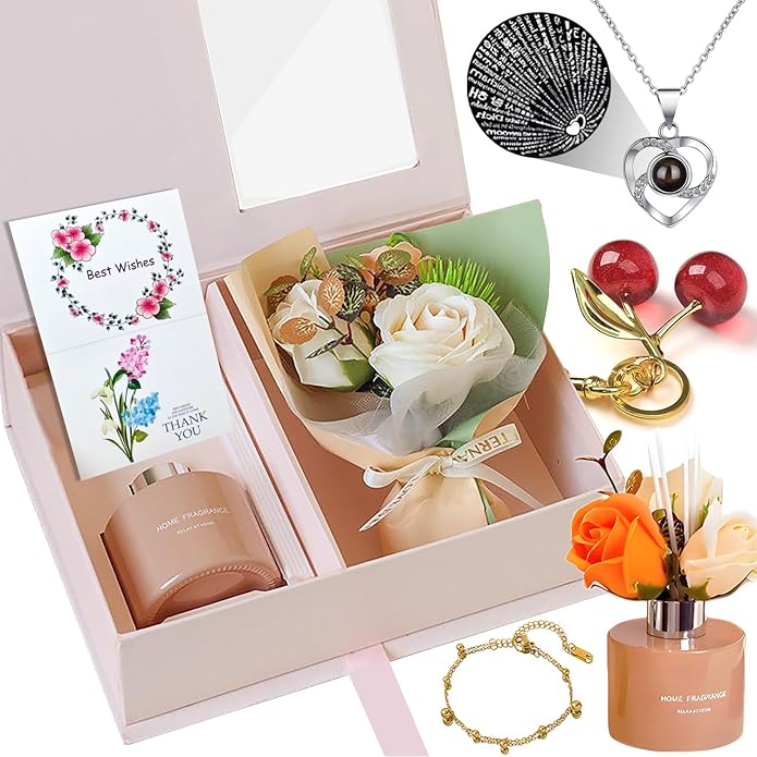 Flower Gift Baskets for Women, with Heart Necklace, Link Bracelet, Cherry Pendant, Reed Diffuser Set Birthday Gifts for Her Mom Wife Girlfriend on Valentines Mothers Day Christmas Anniversary