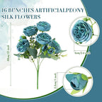 Geosar 16 Bundles Artificial Peonies Flowers Fake Silk Peony Bouquet Faux Peonies Flowers Bulk for Decoration Vase Floral Arrangements Wedding Party Table (Teal)