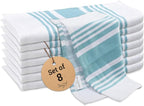 Urban Villa Cotton Dish Cloth Set of 8, Highly Absorbent Super Soft Quick Drying 12x12 Inch Dish Cloths for Kitchen Cleaning & Drying Dishes Mitered Corner Trendy Stripes Kitchen Towels - Aqua/White