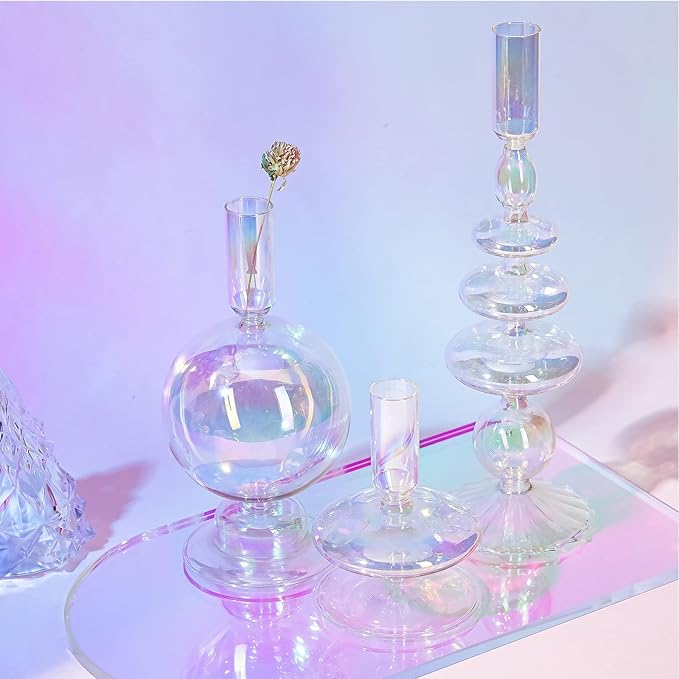 Rtteri 3 Pcs Glass Candlestick Holders Glass Candle Holders Groovy Wavy Elegant Taper Candle Stick for Wedding Home Birthday Party Christmas Halloween Decoration Windowsill Decor(Colorful)