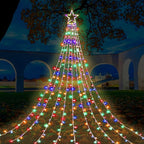 FUNIAO (New) Christmas Lights, Outdoor Christmas Decorations, 320 LED Waterfall String Lights, 8 Light Modes Chrsitmas Lights with 12" Star Tree Topper for Yard, Wedding, Party, New Year (Multicolor)