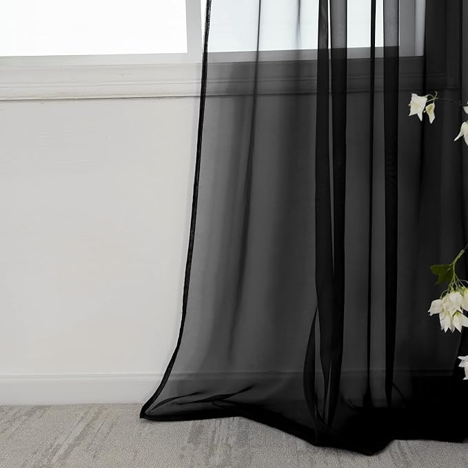 HUTO Black Sheer Curtains 63 Inch Length for Bedroom Rod Pocket Sheer Window Panels for Nursery Living Room, 52" Wx63 L,Set of 2
