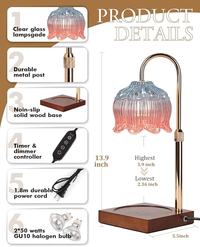 Candle Warmer Lamp with Timer & Dimmer, Candle Lamp Warmer Adjustable Height, Gifts for Women Mom Birthday Christmas, House Warming New Home Bedroom Decor,Lotus Flower Wax Warmer for Jar Candles