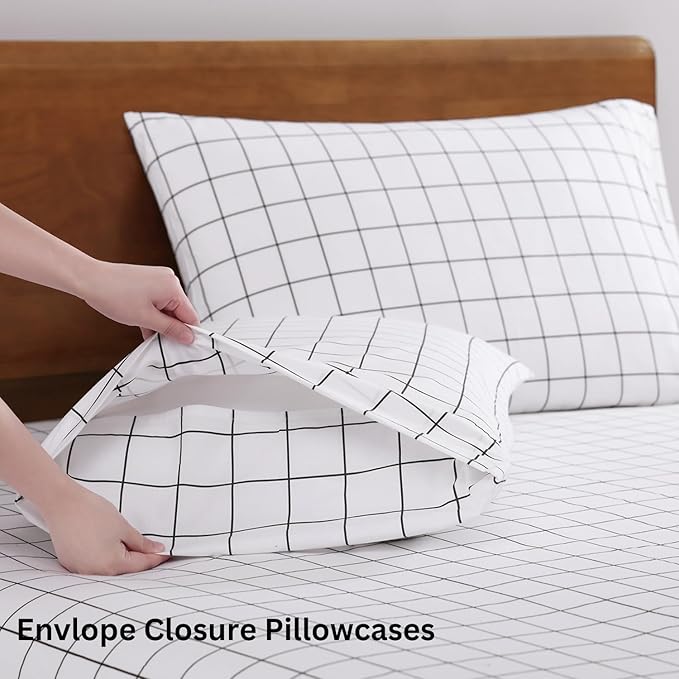 LANE LINEN 100% Organic Cotton Printed California King Sheets Set, 4-Piece Organic Cotton Long Staple Percale Weave Soft Best Bedding Sheets for Bed, Breathable- Charcoal Windowpane