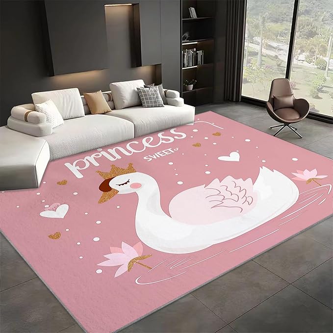 Washable Area Rug for Living Room 8x10 ft Cartoon Swan Princess Peach 3D Print Decor Carpet, Non Slip Stain Resistant Large Area Rugs, for Bedroom Dining Room Office