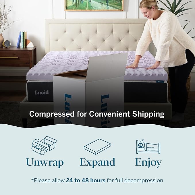 LUCID Lavender Infused 3 Inch Memory Foam Mattress Topper with 5 Zones – Twin XL Size – Plush Feel – CertiPUR Certified – Dorm Room Essentials