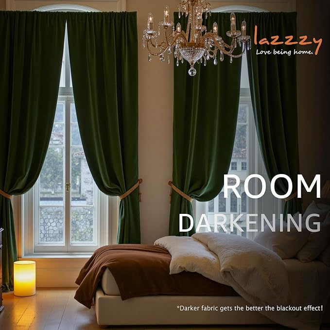 Lazzzy Velvet Blackout Curtains Thermal Insulated Room Window Drapes Super Soft Luxury Curtains for Living Room Bedroom Rod Pocket 2 Panels, Moss, 52" W x 120" L