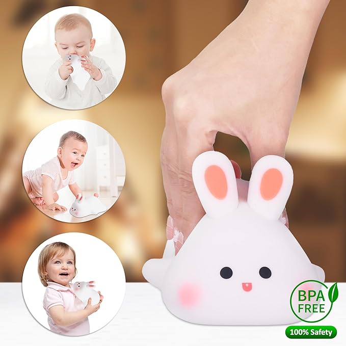 Attivolife Cute Bunny Nursery Light, Easter Rabbit Squishy Silicone Touch Night Lamp Rechargeable, Kawaii Animal Toddler Room Decor Table Lamp, Child Girl Women Birthday Gift