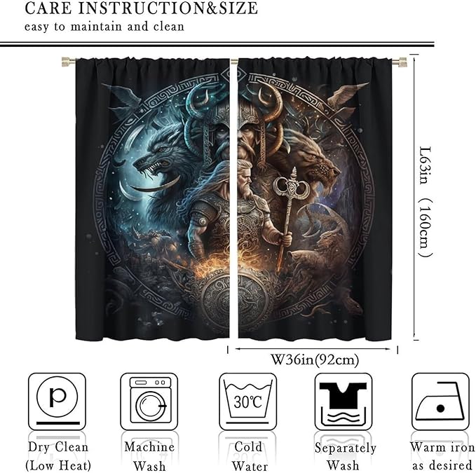 Cool Norse Viking Theme Curtains,Fantasy Ancient Symbols Wildlife Wolf Nordic Vikings Window Drapes Thermal Insulated Rod Pocket Blackout Drapes for Bedroom 2 Panels 63L x 36W
