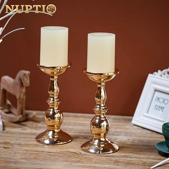 2 Pcs Gold Pillar Candle Holders, Gold Candlestick Most Ideal for 3" Pillar Candles, Gifts for Wedding, Party, Home, Spa, Reiki, Votive Candle (2 x L)