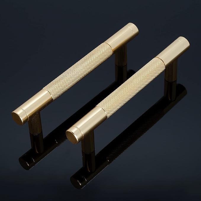 Knurled Cabinet Pulls 6 Pack, 5 Inch Long Cabinet Handles Metal Door Pulls, Kitchen Drawer Pull Knurled Dresser Handles - 3 3/4" Hole to Hole, Golden