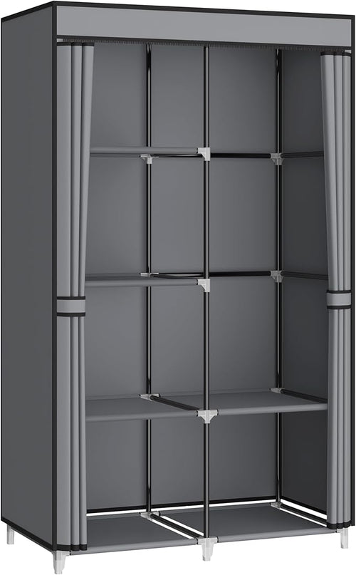 35 Inch Portable Wardrobe Closet for Small Room, Clothing Organizer Storage Rack with Non-Woven Fabric Cover, 1 Clothes Hanging Rod, 6 Storage Shelves, Grey