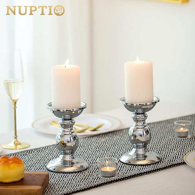 Nuptio Silver Pillar Candle Holders, Wedding Centerpieces Metal Candle Holder for 3inches Candles Stand Decoration Ideal for Weddings Special Events Parties Living Room, 2 Pcs