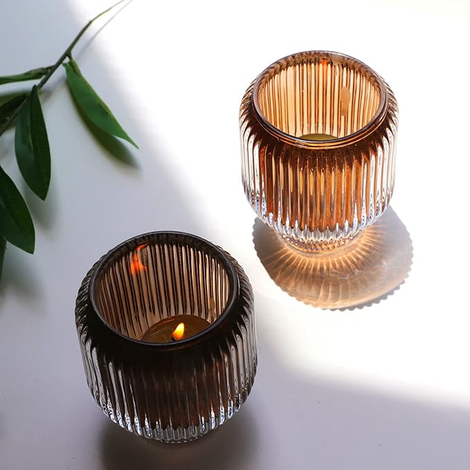 Woho Votive Candle Holders for Wedding Centerpieces, Tealight Candle Holder Set of 2, Glass Votive Candle Holder Bulk for Home Decor(Brown, 3.5'' Tall 3.1'' Diameter)