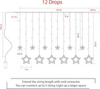 Star Curtain Lights for Bedroom - Plug-in 9ft 138 LED Fairy Twinkle Lights with 12 Star Drops, Connectable Window Lights with Remote 8 Lighting Modes for Indoor Xmas Ramadan Decoration, White