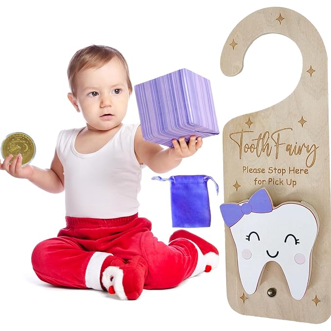 Tooth Fairy Door Hanger, Wooden Tooth Fairy Money Holder with Tooth Coins for Lost Tooth Kids Gifts (Purple)