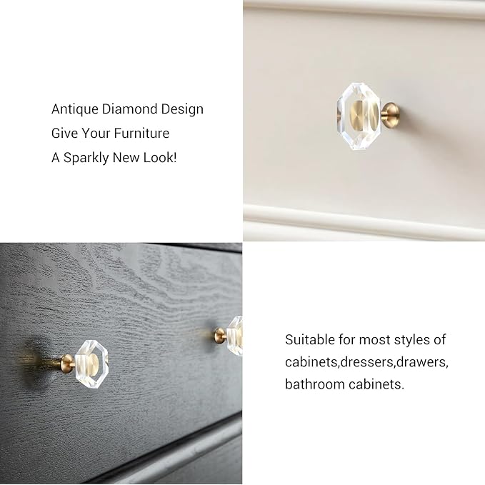 24-Pack Brass Base Crystal Drawer Knobs,Glass Crystal Gold Cabinet Knobs,1-5/16-Inch Hexagon,Kitchen Hardware Pulls, Modern Bathroom Hardware knob