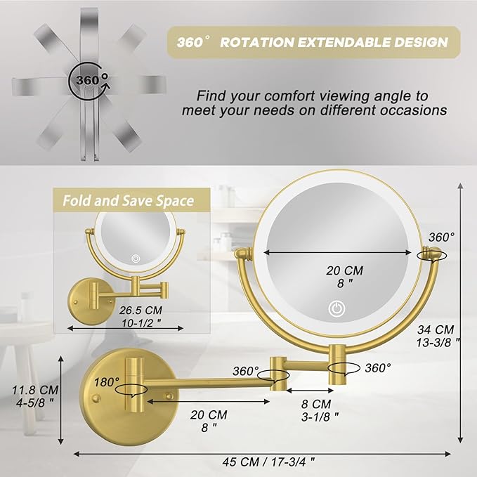 Make up Mirror Wall Mounted Lighted 10X Magnifying Hard Wired, Double Sides 3 Color Lighting Touch Dimming 360 Swivel Extended Arm Shaving Mirror for Bathroom, Brushed Gold