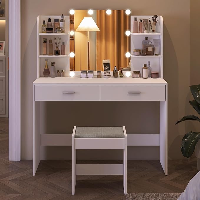usikey Vanity Desk with Mirror and Lights, Makeup Vanity Set with 2 Drawers and Open Shelves, Makeup Vanity Desk Dressing Table with Cushioned Stool and 10 LED Lights, White