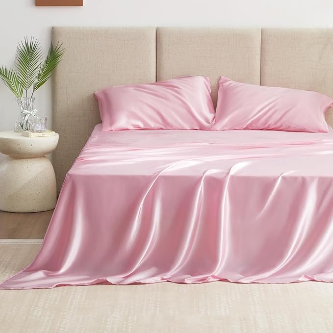 Love's cabin Twin XL Satin Sheet Sets - 3 Piece Pink Silky Bed Sheets with Deep Pockets, Luxury Silk Feel Satin Sheet Set Twin XL (1 Flat Sheet,1 Fitted Sheet,1 Pillow case)