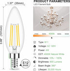 Honesorn E12 Led Bulbs, 4W(60W Equivalent Candelabra Led Light Bulbs, 4000K Natural White Chandelier Light Bulbs, 600LM Clear Glass C35 Light Bulbs with Filament, Dimmable Candle Light Bulbs Pack of 6