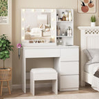 Vabches Vanity, Makeup Vanity Desk Set with Mirror & Light, Dressing Table Storage Lots with Power Strip, 3 Lighting Modes with Adjustable Brightness, 37 Inches (White) (White with Stool)
