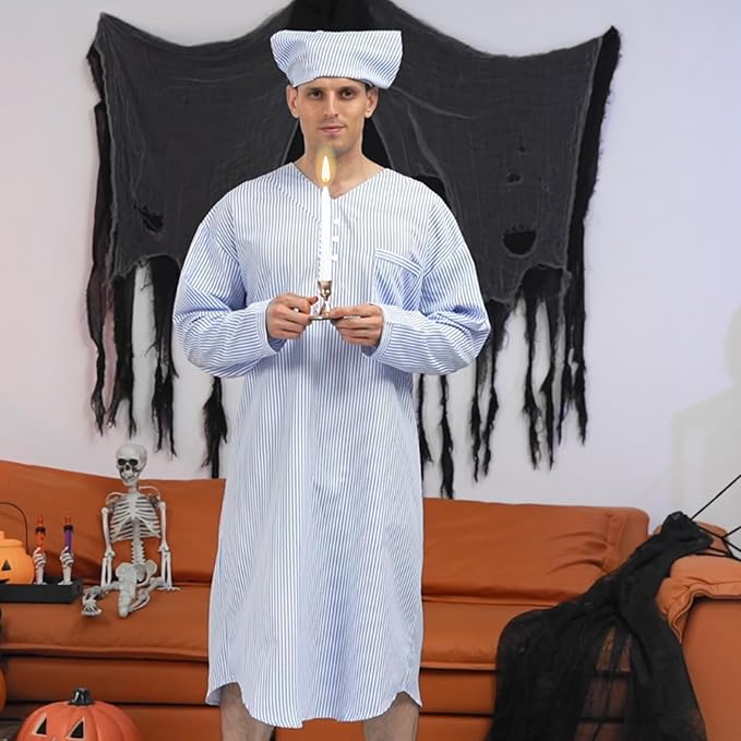 Toulite 4 Pcs Men's Pajama Set Includes Men's Nightshirt Night Sleeping Cap Candle Holder and Candle for Halloween Christmas(Large)