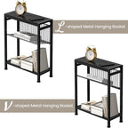 End Table Set of 2 for Small Space, 3-Tier Narrow Side Table with Magazine Holder,Slim Nightstand, Skinny Snack Couch Table in Living Room, Bedroom Study and Balcony (Black)