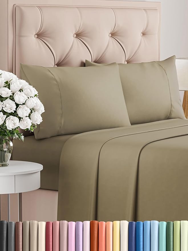 Twin XL 4 Piece Sheet Set - Comfy Breathable & Cooling - Ultra Soft Hotel Luxury Bedding Set w/ 8-16 Inch Deep Pockets - 1 Flat & 1 Fitted Sheet & 2 Pillowcases - Wrinkle Free and Easy Care - Khaki