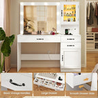 Quimoo Vanity Desk, Makeup Vanity with Lights, Large Mirror Vanity with 3 Drawers and 2 Cabinets, Vanity Table Set with Power Outlet and Glass Tabletop, for Bedroom, White