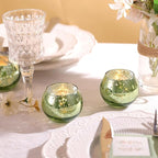 LAMORGIFT 12 PCS Green Votive Candle Holders- Mercury Glass Candle Holders for Sage Green Wedding Decor, Green Tea Light Candle Holders for Vintage Wedding, Engagement, Rehearsal Dinner Table Decor