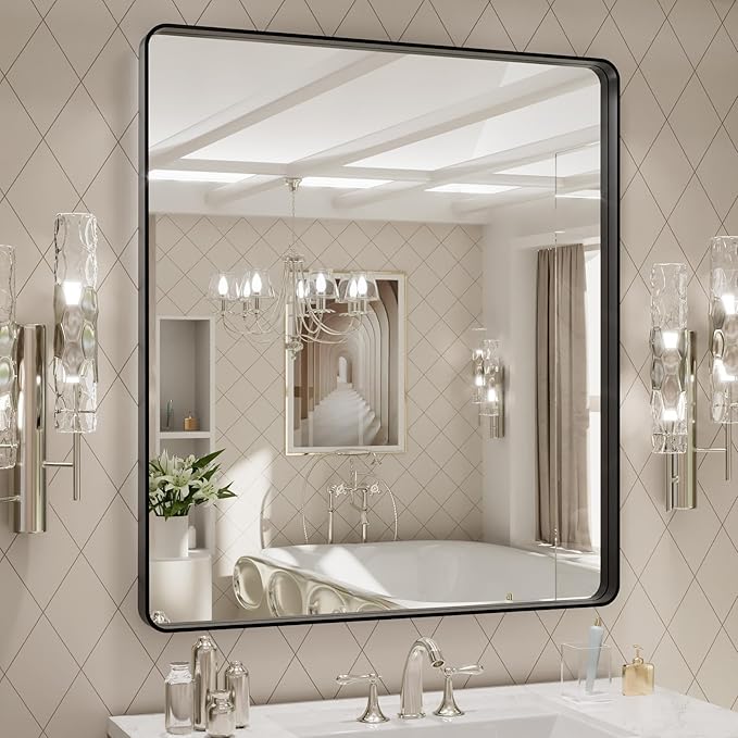 LOAAO 32x36 Inch Black Metal Framed Bathroom Mirror for Wall, Matte Black Bathroom Vanity Mirror Farmhouse, Large Rounded Rectangle Mirror, Anti-Rust, Tempered Glass, Hangs Horizontally or Vertically