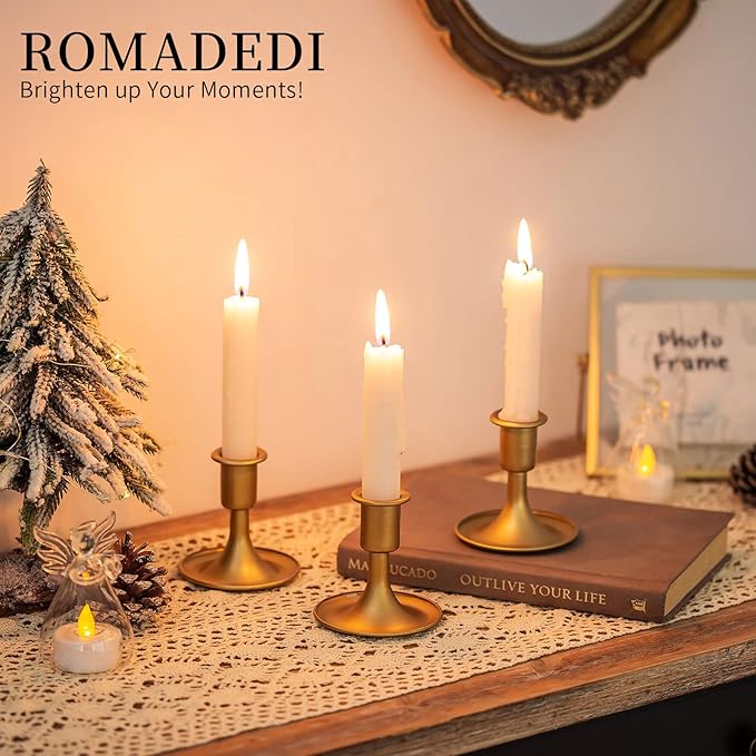 Candlestick Holders Taper Candle Holders, Romadedi Gold Candle Stick Candle Holder for Table Centerpiece, Wedding Reception, Festive Christmas Mantel Decoration or Home Decor, Set of 24