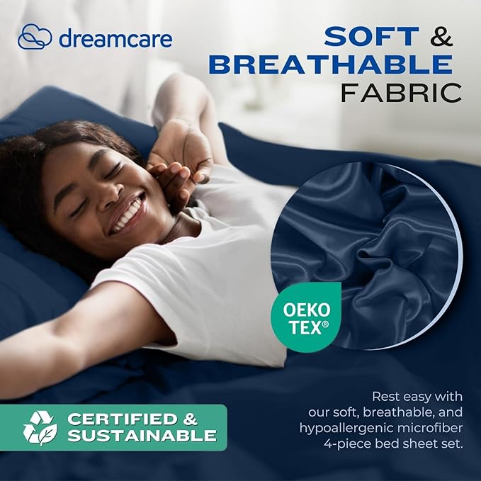 DREAMCARE Twin XL Sheet Sets - 4pc Cooling Sheets XL Twin - Twin XL Sheets up to 21” Deep Pocket – Hotel Luxury Extra Long 100% Brushed Microfiber with Side Pocket - N. Blue