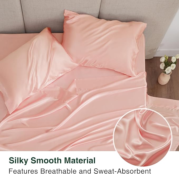 Love's cabin Satin King Sheet Sets - 4 Piece Coral Silky Sheets King Size Bed Set with Deep Pocket, Luxury Silk Feel King Size Satin Sheet Set (1 Flat Sheet,1 Fitted Sheet,2 Pillow Cases)
