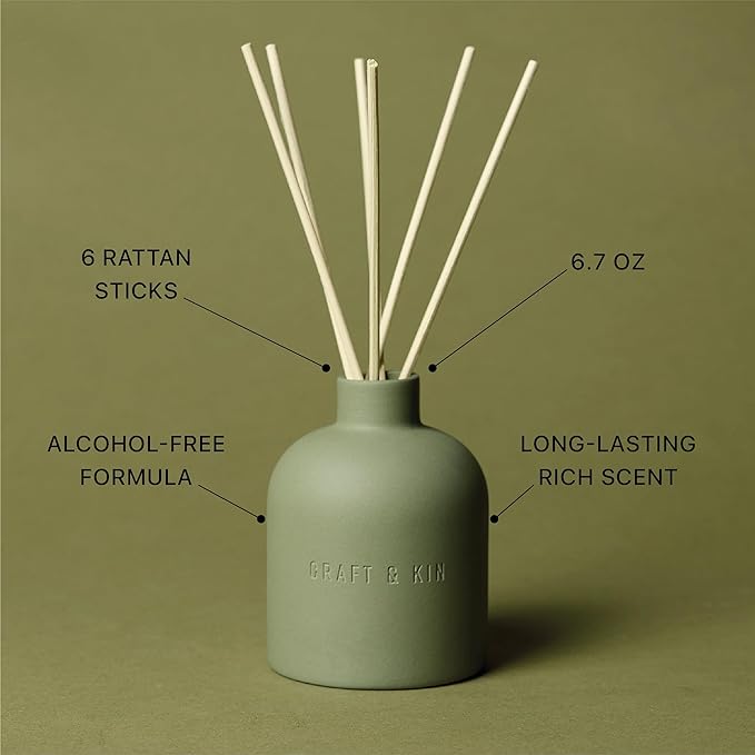 Craft & Kin Christmas Reed Diffuser for Home & Bathroom – White Birch & Cedar Holiday Reed Diffuser Set with Fragrance Sticks, Long-Lasting Alcohol-Free Winter Scent, Earthenware Collection, 6.7oz