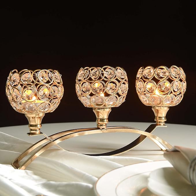 Crystal Tealight Candle Holder Centerpiece Home Decorative Candlestick Holder Elegant Table Centerpiece Home Decor Wedding Party Anniversary (Gold, 3 Arm)
