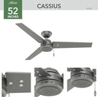 Hunter 52 inch Outdoor or Indoor Ceiling Fan No Light - Silver Ceiling Fan without Light, For Patio, Porch, Garage, or Living Room, Standard Mount, 3 Blades, Pull Chain - Cassius 59262, Matte Silver